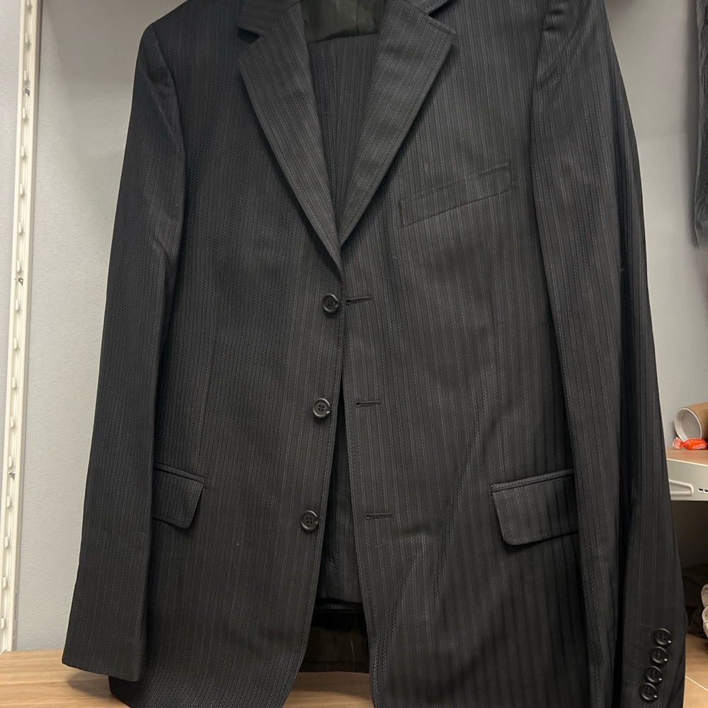 Versace VJC Men’s Suit 54R - Black Pinstripe, Sharp Tailoring